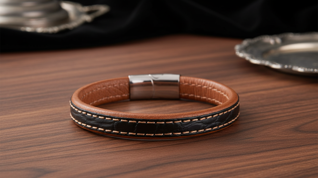 Hochwertiges Lederarmband mit schwarzem Krokodilleder-Einsatz, beiger Kontrastnaht und Edelstahlverschluss – moderne Lederarmbänder Neuheiten 2026